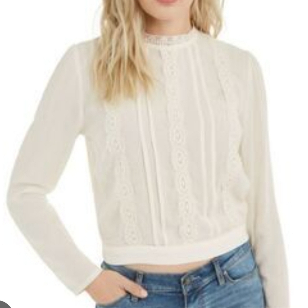 No Boundaries Vintage White Lace-Trim Ruffled Victorian Style Blouse
